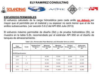 ESFUERZOS PERMISIBLES
El esfuerzo calculado de la carga hidrostática para cada anillo no deberá ser
mayor que el permitido por el material y su espesor no será menor que el de los
anillos subsecuentes. (ver sección 5.6.2 del API 650 Julio 2013)
El esfuerzo máximo permisible de diseño (Sd) y de prueba hidrostática (St), se
muestra en la tabla 5.2b, recomendado por el estándar API 650 en el diseño de
tanques de almacenamiento.
 