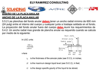 DISEÑO DE LA PLACAANULAR
ANCHO DE LA PLACAANULAR
5.5.2 Las planchas del fondo anular deben tener un ancho radial mínimo de 600 mm
(24 pulg) entre el interno del cuerpo y cualquier junta a traslape soldada en el fondo.
La proyección del fondo anular fuera del cuerpo debe reunir los requerimientos de
5.4.2. Un ancho radial mas grande de plancha anular es requerido cuando se calcula
por medio de lo siguiente:
 