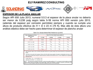 Maintenance
ESPESOR DE LA PLACA ANULAR
Según API 650 Julio 2013, numeral 5.5.3 el espesor de la placa anular no debería
ser menor de 0,236 pulg según tabla 5-1B norma API 650 versión julio 2013,
(además del espesor por corrosión permitida) siempre y cuando se cumpla una
altura de producto efectiva de H × G ≤ 23 m (75 ft). Mas allá de ésta altura una
análisis elástico debe ser hecho para determinar el espesor de plancha anular
 