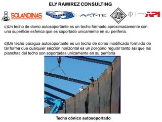 c)Un techo de domo autosoportante es un techo formado aproximadamente con
una superficie esferica que es soportado unicamente en su periferia.
d)Un techo paragua autosoportante es un techo de domo modificado formado de
tal forma que cualquier sección horizontal es un poligono regular tanto asi que las
planchas del techo son soportadas unicamente en su periferia
Techo cónico autosoportado
 