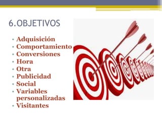 6.OBJETIVOS
•
•
•
•
•
•
•
•

Adquisición
Comportamiento
Conversiones
Hora
Otra
Publicidad
Social
Variables
personalizadas
• Visitantes

 