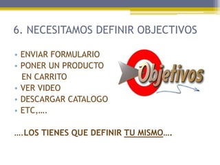 6. NECESITAMOS DEFINIR OBJECTIVOS
• ENVIAR FORMULARIO
• PONER UN PRODUCTO
EN CARRITO
• VER VIDEO
• DESCARGAR CATALOGO
• ETC,….
….LOS TIENES QUE DEFINIR TU MISMO….

 