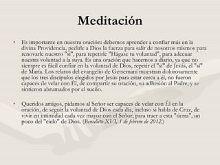 Meditación
• Es importante en nuestra oración: debemos aprender a confiar más en la
  divina Providencia, pedirle a Dios la fuerza para salir de nosotros mismos para
  renovarle nuestro "sí", para repetirle "Hágase tu voluntad", para adecuar
  nuestra voluntad a la suya. Es una oración que hacemos a diario, ya que no
  siempre es fácil confiar en la voluntad de Dios, repetir el "sí" de Jesús, el "sí"
  de María. Los relatos del evangelio de Getsemaní muestran dolorosamente
  que los tres discípulos elegidos por Jesús para estar cerca a él, no fueron
  capaces de velar con Él, de compartir su oración, su adhesión al Padre, y se
  sintieron abrumados por el sueño.

• Queridos amigos, pidamos al Señor ser capaces de velar con Él en la
  oración, de seguir la voluntad de Dios cada día, incluso si habla de Cruz, de
  vivir en intimidad cada vez mayor con el Señor, para traer a esta "tierra", un
  poco del "cielo" de Dios. (Benedicto XVI, 1 de febrero de 2012.)
 