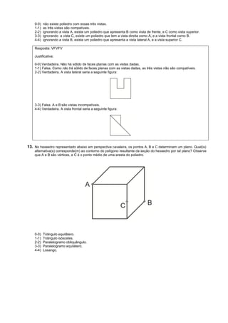 0-0)   não existe poliedro com essas três vistas.
    1-1)   as três vistas são compatíveis.
    2-2)   ignorando a vista A, existe um poliedro que apresenta B como vista de frente, e C como vista superior.
    3-3)   ignorando a vista C, existe um poliedro que tem a vista direita como A, e a vista frontal como B.
    4-4)   ignorando a vista B, existe um poliedro que apresenta a vista lateral A, e a vista superior C.

    Resposta: VFVFV

    Justificativa:

    0-0) Verdadeira. Não há sólido de faces planas com as vistas dadas.
    1-1) Falsa. Como não há sólido de faces planas com as vistas dadas, as três vistas não são compatíveis.
    2-2) Verdadeira. A vista lateral seria a seguinte figura:




    3-3) Falsa. A e B são vistas incompatíveis.
    4-4) Verdadeira. A vista frontal seria a seguinte figura:




13. No hexaedro representado abaixo em perspectiva cavaleira, os pontos A, B e C determinam um plano. Qual(is)
    alternativa(s) corresponde(m) ao contorno do polígono resultante da seção do hexaedro por tal plano? Observe
    que A e B são vértices, e C é o ponto médio de uma aresta do poliedro.




    0-0)   Triângulo equilátero.
    1-1)   Triângulo isósceles.
    2-2)   Paralelogramo obliquângulo.
    3-3)   Paralelogramo equilátero.
    4-4)   Losango.
 