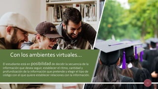 El estudiante está en posibilidad de decidir la secuencia de la
información que desea seguir, establecer el ritmo, cantidad y
profundización de la información que pretende y elegir el tipo de
código con el que quiere establecer relaciones con la información.
Con los ambientes virtuales…
11
 