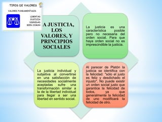 LA JUSTICIA,
LOS
VALORES, Y
PRINCIPIOS
SOCIALES
La justicia es una
característica posible
pero no necesaria del
orden social. Para que
haya orden social no es
imprescindible la justicia.
La justicia individual y
subjetiva al convertirse
en una satisfacción de
necesidades socialmente
aceptadas sufre una
transformación similar a
la de la libertad individual
para llegar a ser una
libertad en sentido social.
Al parecer de Platón la
justicia se identifica con
la felicidad: "sólo el justo
es feliz y desdichado el
injusto". No puede existir
un orden social justo que
garantice la felicidad de
todos, ya que
generalmente la felicidad
de uno modificará la
felicidad de otro.
 