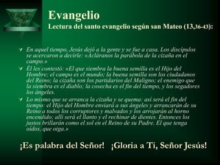 Evangelio
            Lectura del santo evangelio según san Mateo (13,36-43):


 En aquel tiempo, Jesús dejó a la gente y se fue a casa. Los discípulos
  se acercaron a decirle: «Acláranos la parábola de la cizaña en el
  campo.»
 Él les contestó: «El que siembra la buena semilla es el Hijo del
  Hombre; el campo es el mundo; la buena semilla son los ciudadanos
  del Reino; la cizaña son los partidarios del Maligno; el enemigo que
  la siembra es el diablo; la cosecha es el fin del tiempo, y los segadores
  los ángeles.
 Lo mismo que se arranca la cizaña y se quema: así será el fin del
  tiempo: el Hijo del Hombre enviará a sus ángeles y arrancarán de su
  Reino a todos los corruptores y malvados y los arrojarán al horno
  encendido; allí será el llanto y el rechinar de dientes. Entonces los
  justos brillarán como el sol en el Reino de su Padre. El que tenga
  oídos, que oiga.»

¡Es palabra del Señor! ¡Gloria a Ti, Señor Jesús!
 