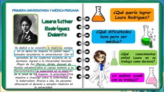 ¿Qué quería lograr
Laura Rodríguez?
¿Qué dificultades
tuvo para ser
médica?
¿Qué conocimientos
utilizó Laura en su
trabajo como doctora?
¿A quiénes ayudó
con su trabajo?
 