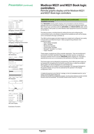 11
Presentation (continued) Modicon M221 and M221 Book logic
controllers
Remote graphic display unit for Modicon M221
and M221 Book logic controllers
TMH2GDB remote graphic display unit (continued)
Installation and setup
The TMH2GDB remote graphic display unit is mounted in a 22 mm (0.87 in.)
diameter hole and is connected to the SL or SL1 serial link on Modicon M221 and
M221 Book logic controllers with the XBTZ9980 and VW3A1104R10 cable, which
also supplies it with power (no other Modbus slave equipment must be connected
on this link) (1).
The debug screens, including those for setting the time and configuring the
communication ports, are already configured and available as soon as the display
unit is connected to the logic controller (2).
The HMI (runtime) pages and alarm pages are created and configured very easily
in the EcoStruxure Machine Expert - Basic programming software, from
predefined pages:
-- “Alarm displayˮ template
-- “Menuˮ template
-- “Monitoringˮ template
-- “Control panelˮ template
-- “Bargraph” template (1 or 2 bars)
-- “Gageˮ template
These pages constitute part of the controller application. They are transferred to
and stored in the M221 and M221 Book logic controller memory, no transfer is
necessary between the PC and the TMH2GDB graphic display unit. The latter is
operational as soon as it is connected to the serial port on the logic controller.
The Home page can be selected by programming. Each HMI and alarm page can
be displayed by navigating the front panel using the keys or called by a program.
Alarm pages can also be displayed on a red background.
The HMI pages can be created in several languages, the language displayed on
the graphic display unit can then be selected by the operator in the display
configuration menu.
(1) Neither the serial link on the TMC2SL1 cartridge, nor the SL2 embedded serial link, can be
used to connect the graphic display unit.
(2) When the controller has no application program, only the product reference and the controller
firmware version are accessible. The controller firmware version must be V1.3 or later.
Debugging: Controller information
HMI: Monitoring
HMI: Control panel
HMI: Bargraph
HMI: Gage
Examples of screens
Debugging: Configuring communication
HMI: Alarm display
 