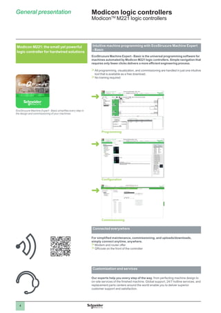 4
General presentation Modicon logic controllers
ModiconTM
M221 logic controllers
Intuitive machine programming with EcoStruxure Machine Expert
- Basic
EcoStruxure Machine Expert - Basic is the universal programming software for
machines automated by Modicon M221 logic controllers. Simple navigation that
requires only fewer clicks delivers a more efficient engineering process.
>>All programming, visualization, and commissioning are handled in just one intuitive
tool that is available as a free download.
>>No training required
Commissioning
Configuration
Programming
Connected everywhere
For simplified maintenance, commissioning, and uploads/downloads,
simply connect anytime, anywhere.
>>Modem and router offer>
>QRcode on the front of the controller
Customization and services
Our experts help you every step of the way, from perfecting machine design to
on-site services of the finished machine. Global support, 24/7 hotline services, and
replacement parts centers around the world enable you to deliver superior
customer support and satisfaction.
Modicon M221: the small yet powerful
logic controller for hardwired solutions
EcoStruxure Machine Expert - Basic simplifies every step in
the design and commissioning of your machines
 