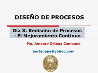 DISEÑO DE PROCESOS
Día 3: Rediseño de Procesos
- El Mejoramiento Continuo
Mg. Amparo Ortega Campana
aortegape@yahoo.com

 