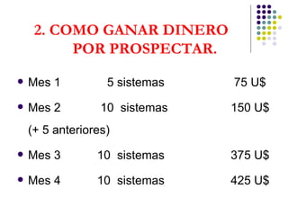 2. COMO GANAR DINERO  POR PROSPECTAR. Mes 1  5 sistemas  75 U$ Mes 2  10  sistemas  150 U$ (+ 5 anteriores) Mes 3  10  sistemas  375 U$ Mes 4  10  sistemas  425 U$ 