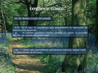 6.4.4 En el caso de disponentes para plasmaféresis se observarán las
disposiciones siguientes:
a) El volumen plasmático máximo extraído por sesión, no excederá
del 15% del volumen sanguíneo total;
DE LAS TRANSFUSIONES DE SANGRE
b) Entre cada plasmaféresis óptimamente realizada, deberá haber
un lapso mínimo de 48 horas;
 
