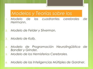 Modelos y Teorías sobre los
Estilos de aprendizaje1. Modelo de los cuadrantes cerebrales de
Herrmann.
2. Modelo de Felder y Silverman.
3. Modelo de Kolb.
4. Modelo de Programación Neurolingüística de
Bandler y Grinder.
5. Modelo de los Hemisferios Cerebrales.
6. Modelo de las Inteligencias Múltiples de Gardner.
 