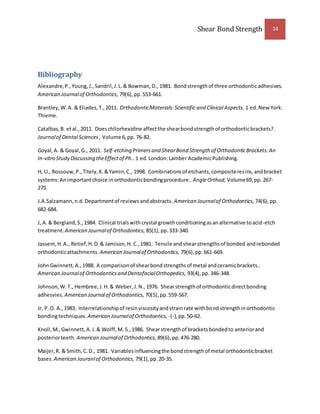 Shear Bond Strength 14 
Bibliography 
Alexandre, P., Young, J., Sandril, J. L. & Bowman, D., 1981. Bond strength of three orthodontic adhesives. 
American Journal of Orthodontics, 79(6), pp. 553-661. 
Brantley, W. A. & Eliades, T., 2011. Orthodontic Materials: Scientific and Clinical Aspects. 1 ed. New York: 
Thieme. 
Catalbas, B. et al., 2011. Does chllorhexidine affect the shear bond strength of orthodontic brackets?. 
Journal of Dental Sciences , Volume 6, pp. 76-82. 
Goyal, A. & Goyal, G., 2011. Self-etching Primers and Shear Bond Strength of Orthodontic Brackets: An 
In-vitro Study Discussing the Effect of Ph.. 1 ed. London: Lamber Academic Publishing. 
H, U., Rossouw, P., Titely, K. & Yamin, C., 1998. Combinations of etchants, composite res ins, and bracket 
systems: An important choice in orthodontic bonding procedure.. Angle Orthod, Volume 69, pp. 267- 
275. 
J.A.Salzamann, n.d. Department of reviews and abstracts. American Journal of Orthodontics, 74(6), pp. 
682-684. 
J, A. & Bergland, S., 1984. Clinical trials with crystal growth conditioning as an alternative to acid-etch 
treatment. American Journal of Orthodontics, 85(1), pp. 333-340. 
Jassem, H. A., Retief, H. D. & Jamison, H. C., 1981. Tensile and shear strengths of bonded and rebonded 
orthodontic attachments. American Journal of Orthodontics, 79(6), pp. 661-669. 
John Gwinnett, A., 1988. A comparison of shear bond strengths of metal and ceramic brackets.. 
American Journal of Orthodontics and Dentofacial Orthopedics, 93(4), pp. 346-348. 
Johnson, W. T., Hembree, J. H. & Weber, J. N., 1976. Shear strength of orthodontic direct bonding 
adhesvies. American Journal of Orthodontics, 70(5), pp. 559-567. 
Jr, P. O. A., 1983. Interrelationship of resin viscosity and strain rate with bond strength in orthodontic 
bonding techniques. American Journal of Orthodontics, -(-), pp. 50-62. 
Knoll, M., Gwinnett, A. J. & Wolff, M. S., 1986. Shear strength of brackets bonded to anterior and 
posterior teeth. American Journal of Orthodontics, 89(6), pp. 476-280. 
Maijer, R. & Smith, C. D., 1981. Variables influencing the bond strength of metal orthodontic bracket 
bases. American Jouranl of Orthodontics, 79(1), pp. 20-35. 
 