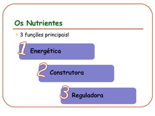 Os Nutrientes 3 funções principais! 1 Energética 2 Construtora 3 Reguladora 