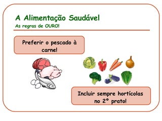 A Alimentação Saudável As regras de OURO! Incluir sempre hortícolas no 2º prato! Preferir o pescado à carne! 