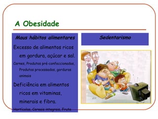 A Obesidade Maus hábitos alimentares Excesso de alimentos ricos em gordura, açúcar e sal. Carnes, Produtos pré-confeccionados, Produtos processados, gorduras animais Deficiência em alimentos ricos em vitaminas, minerais e fibra. Hortícolas, Cereais integrais, Fruta Sedentarismo 