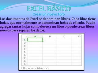 Crear un nuevo libro
Los documentos de Excel se denominan libros. Cada libro tiene
hojas, que normalmente se denominan hojas de cálculo. Puede
agregar tantas hojas como desee a un libro o puede crear libros
nuevos para separar los datos.

 