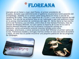 Llamada así en honor a Juan José Flores, el primer presidente de
Ecuador, durante cuya administración el gobierno ecuatoriano tomó posesión del
archipiélago. También se la conoce como Santa María en honor a una de las
carabelas de Colón. Tiene una superficie de 173 km² y una altitud máxima de 640
metros. Fue una de las primeras islas en ser habitadas y que más polémica causó
en la prensa internacional de comienzos del siglo XX. Varios libros se han escrito
acerca de Floreana y sus secretos, entre ellos el más famoso Floreana, lista de
correos de Margret Wittmer, el cual cuenta la historia de la isla en la cual la
familia alemana Wittmer que fue la primera civilización exitosa en
habitarla, varios extranjeros tuvieron intentos fallidos entre ellos
noruegos, americanos, y otros alemanes siendo Rolf Wittmer el primer nativo de
la isla. Flamencos rosados y tortugas marinas anidan en esta isla entre diciembre
y mayo, en esta isla se puede encontrar una pequeña población de los pingüinos
de Galápagos.
*FLOREANA
 