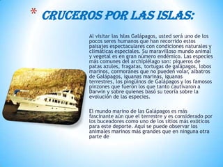 Al visitar las Islas Galápagos, usted será uno de los
pocos seres humanos que han recorrido estos
paisajes espectaculares con condiciones naturales y
climáticas especiales. Su maravilloso mundo animal
y vegetal es en gran número endémico. Las especies
más comunes del archipiélago son: piqueros de
patas azules, fragatas, tortugas de galápagos, lobos
marinos, cormoranes que no pueden volar, albatros
de Galápagos, iguanas marinas, iguanas
terrestres, los pingüinos de Galápagos y los famosos
pinzones que fueron los que tanto cautivaron a
Darwin y sobre quienes basó su teoría sobre la
evolución de las especies.
El mundo marino de las Galápagos es más
fascinante aún que el terrestre y es considerado por
los buceadores como uno de los sitios más exóticos
para este deporte. Aquí se puede observar los
animales marinos más grandes que en ninguna otra
parte de
* CRUCEROS POR LAS ISLAS:
 