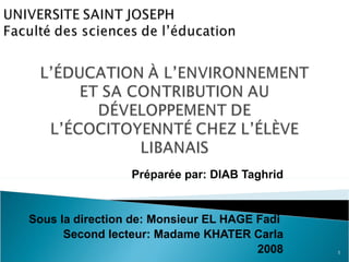   Préparée par :  DIAB Taghrid   Sous la direction de :  Monsieur EL HAGE Fadi  Second lecteur :  Madame KHATER Carla 2008 