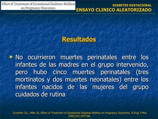 Resultados No ocurrieron muertes perinatales entre los infantes de las madres en el grupo intervenido, pero hubo cinco muertes perinatales (tres mortinatos y dos muertes neonatales) entre los infantes nacidos de las mujeres del grupo cuidados de rutina Crowther CA., Hiller JE.  Effect of Treatment of Gestational Diabetes Mellitus  on Pregnancy Outcomes. N Engl J Med 2005;352:2477-86. DIABETES GESTACIONAL ENSAYO CLINICO ALEATORIZADO 