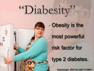 “Diabesity”
• Obesity is the
most powerful
risk factor for
type 2 diabetes.
Diabetologia. 2003 Nov;46(11):1586-7
 