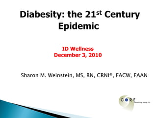 ID Wellness
           December 3, 2010


Sharon M. Weinstein, MS, RN, CRNI®, FACW, FAAN
 