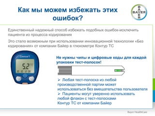 Как мы можем избежать этих
ошибок?
Единственный надежный способ избежать подобных ошибок-исключить
пациента из процесса кодирования
Это стало возможным при использовании инновационной технологии «Без
кодирования» от компании Байер в глюкометре Контур ТС
Не нужны чипы и цифровые коды для каждой
упаковки тест-полосок!
 Любая тест-полоска из любой
производственной партии может
использоваться без вмешательства пользователя
 Пациенты могут уверенно использовать
любой флакон с тест-полосками
Контур ТС от компании Байер
 