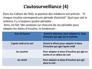 L’autosurveillance (4)
Dans les Cahiers de l’AJD, la position des médecins est précise: “A
chaque insuline correspond une période d’activité”. Quel que soit le
schéma, il y a toujours quatre périodes :
 Ainsi, on fait “des analyses sur chacune de ces périodes pour
adapter les doses d’insuline, le lendemain :
         Vers 10 heures         Avant le déjeuner, pour adapter la dose
                                d’insuline qui agit sur la matinée

      L’après-midi et le soir   (Avant le dîner) pour adapter la dose
                                d’insuline qui agit l’après-midi

           Au coucher           Pour adapter la dose d’insuline qui agit en
                                soirée et en début de nuit

            Au réveil           Pour adapter la dose d’insuline qui agit
                                dans la nuit .
 