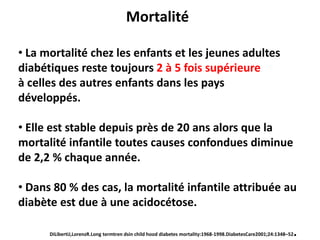 Mortalité

• La mortalité chez les enfants et les jeunes adultes
diabétiques reste toujours 2 à 5 fois supérieure
à celles des autres enfants dans les pays
développés.

• Elle est stable depuis près de 20 ans alors que la
mortalité infantile toutes causes confondues diminue
de 2,2 % chaque année.

• Dans 80 % des cas, la mortalité infantile attribuée au
diabète est due à une acidocétose.

      DiLibertiJ,LorenzR.Long termtren dsin child hood diabetes mortality:1968-1998.DiabetesCare2001;24:1348–52   .
 