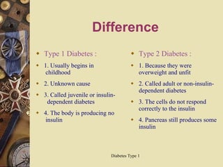 Difference Type 1 Diabetes : 1. Usually begins in  childhood  2. Unknown cause 3. Called juvenile or insulin-  dependent diabetes  4. The body is producing no  insulin Type 2 Diabetes : 1. Because they were  overweight and unfit 2. Called adult or non-insulin-dependent diabetes 3. The cells do not respond correctly to the insulin  4. Pancreas still produces some insulin 
