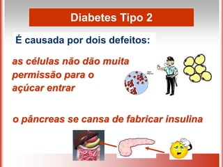 as células não dão muita
permissão para o
açúcar entrar
Diabetes Tipo 2
É causada por dois defeitos:
o pâncreas se cansa de fabricar insulina
 