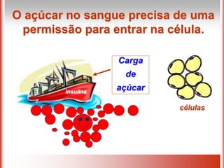 Carga
de
açúcar
insulina
O açúcar no sangue precisa de uma
permissão para entrar na célula.
células
 