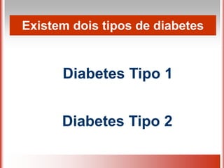 Existem dois tipos de diabetes
Diabetes Tipo 1
Diabetes Tipo 2
 