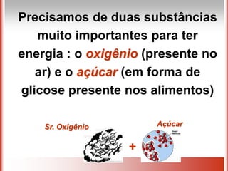 Precisamos de duas substâncias
   muito importantes para ter
energia : o oxigênio (presente no
   ar) e o açúcar (em forma de
glicose presente nos alimentos)

    Sr. Oxigênio       Açúcar


                   +
 