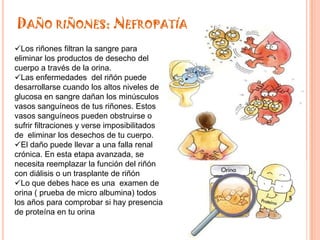 DAÑO RIÑONES: NEFROPATÍA
Los riñones filtran la sangre para
eliminar los productos de desecho del
cuerpo a través de la orina.
Las enfermedades del riñón puede
desarrollarse cuando los altos niveles de
glucosa en sangre dañan los minúsculos
vasos sanguíneos de tus riñones. Estos
vasos sanguíneos pueden obstruirse o
sufrir filtraciones y verse imposibilitados
de eliminar los desechos de tu cuerpo.
El daño puede llevar a una falla renal
crónica. En esta etapa avanzada, se
necesita reemplazar la función del riñón
con diálisis o un trasplante de riñón
Lo que debes hace es una examen de
orina ( prueba de micro albumina) todos
los años para comprobar si hay presencia
de proteína en tu orina
 
