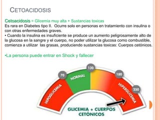 CETOACIDOSIS
Cetoacidosis = Glicemia muy alta + Sustancias toxicas
Es rara en Diabetes tipo II. Ocurre solo en personas en tratamiento con insulina o
con otras enfermedades graves.
• Cuando la insulina es insuficiente se produce un aumento peligrosamente alto de
la glucosa en la sangre y el cuerpo, no poder utilizar la glucosa como combustible,
comienza a utilizar las grasas, produciendo sustancias toxicas: Cuerpos cetónicos.

•La persona puede entrar en Shock y fallecer
 