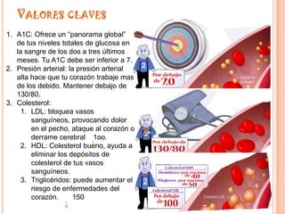 VALORES CLAVES
1. A1C: Ofrece un “panorama global”
   de tus niveles totales de glucosa en
   la sangre de los dos a tres últimos
   meses. Tu A1C debe ser inferior a 7.
2. Presión arterial: la presión arterial
   alta hace que tu corazón trabaje mas
   de los debido. Mantener debajo de
   130/80.
3. Colesterol:
    1. LDL: bloquea vasos
        sanguíneos, provocando dolor
        en el pecho, ataque al corazón o
        derrame cerebral 1oo.
    2. HDL: Colesterol bueno, ayuda a
        eliminar los depósitos de
        colesterol de tus vasos
        sanguíneos.
    3. Triglicéridos: puede aumentar el
        riesgo de enfermedades del
        corazón.       150
 