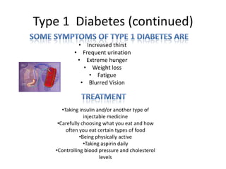 Type 1 Diabetes (continued)
            • Increased thirst
           • Frequent urination
            • Extreme hunger
              • Weight loss
               • Fatigue
             • Blurred Vision



      •Taking insulin and/or another type of
                injectable medicine
    •Carefully choosing what you eat and how
        often you eat certain types of food
              •Being physically active
                •Taking aspirin daily
   •Controlling blood pressure and cholesterol
                       levels
 