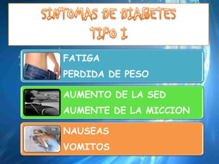 FATIGA
PERDIDA DE PESO

AUMENTO DE LA SED
AUMENTE DE LA MICCION

NAUSEAS
VOMITOS
 