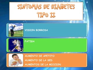 VISION BORROSA



FATIGA




AUMENTO DE APETITO
AUMENTO DE LA SED
AUMENTOS DE LA MICCION
 