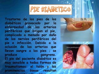 Trastorno de los pies de los
diabéticos provocado por la
enfermedad de las arterias
periféricas que irrigan el pie,
complicado a menudo por daño
de los nervios periféricos del
pie e infección. Debido a la
oclusión de las arterias que
llevan sangre a los pies ; se
produce                gangrena.
El pie del paciente diabético es
muy sensible a todas formas de
traumatismos: el talón y las
prominencias    óseas    resultan
 