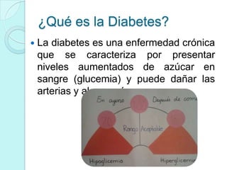 ¿Qué es la Diabetes?
   La diabetes es una enfermedad crónica
    que se caracteriza por presentar
    niveles aumentados de azúcar en
    sangre (glucemia) y puede dañar las
    arterias y algunos órganos.
 