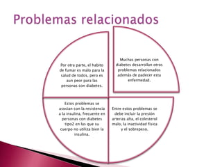 Muchas personas con
Por otra parte, el habito       diabetes desarrollan otros
de fumar es malo para la         problemas relacionados
 salud de todos, pero es         además de padecer esta
    aun peor para las                 enfermedad.
 personas con diabetes.



    Estos problemas se
asocian con la resistencia    Entre estos problemas se
a la insulina, frecuente en    debe incluir la presión
  personas con diabetes       arterias alta, el colesterol
    tipo2 en las que su       malo, la inactividad física
 cuerpo no utiliza bien la          y el sobrepeso.
         insulina.
 