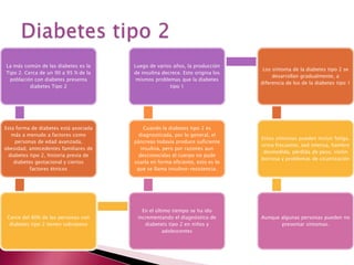 La más común de las diabetes es la      Luego de varios años, la producción
                                                                                 Los síntoma de la diabetes tipo 2 se
Tipo 2. Cerca de un 90 a 95 % de la     de insulina decrece. Esto origina los
                                                                                     desarrollan gradualmente, a
 población con diabetes presenta         mismos problemas que la diabetes
                                                                                diferencia de los de la diabetes tipo 1
          diabetes Tipo 2                              tipo 1




Esta forma de diabetes está asociada        Cuando la diabetes tipo 2 es
   más a menudo a factores como           diagnosticada, por lo general, el
                                                                                Estos síntomas pueden incluir fatiga,
     personas de edad avanzada,         páncreas todavía produce suficiente
                                                                                orina frecuente, sed intensa, hambre
obesidad, antecedentes familiares de       insulina, pero por razones aun
                                                                                 desmedida, pérdida de peso, visión
  diabetes tipo 2, historia previa de     desconocidas el cuerpo no pude
                                                                                borrosa y problemas de cicatrización
    diabetes gestacional y ciertos      usarla en forma eficiente, esto es lo
           factores étnicos              que se llama insulino-resistencia.




                                           En el último tiempo se ha ido
 Cerce del 80% de las personas con       incrementando el diagnóstico de        Aunque algunas personas pueden no
  diabetes tipo 2 tienen sobrepeso          diabetets tipo 2 en niños y                presentar síntomas.
                                                    adolescentes
 