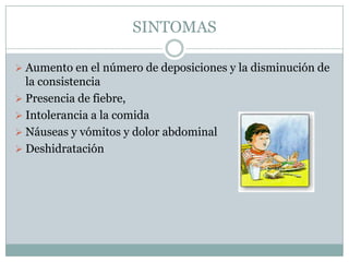 SINTOMAS

 Aumento en el número de deposiciones y la disminución de
  la consistencia
 Presencia de fiebre,
 Intolerancia a la comida
 Náuseas y vómitos y dolor abdominal
 Deshidratación
 