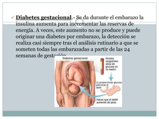  Diabetes gestacional.- Se da durante el embarazo la
 insulina aumenta para incrementar las reservas de
 energía. A veces, este aumento no se produce y puede
 originar una diabetes por embarazo, la detección se
 realiza casi siempre tras el análisis rutinario a que se
 someten todas las embarazadas a partir de las 24
 semanas de gestación.
 