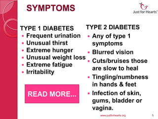 SYMPTOMS

TYPE 1 DIABETES       TYPE 2 DIABETES
 Frequent urination  Any of type 1
 Unusual thirst        symptoms
 Extreme hunger       Blurred vision
 Unusual weight loss
                       Cuts/bruises those
 Extreme fatigue
                        are slow to heal
 Irritability
                       Tingling/numbness
                        in hands & feet
   READ MORE...        Infection of skin,
                        gums, bladder or
                        vagina.
                          www.justforhearts.org   5
 